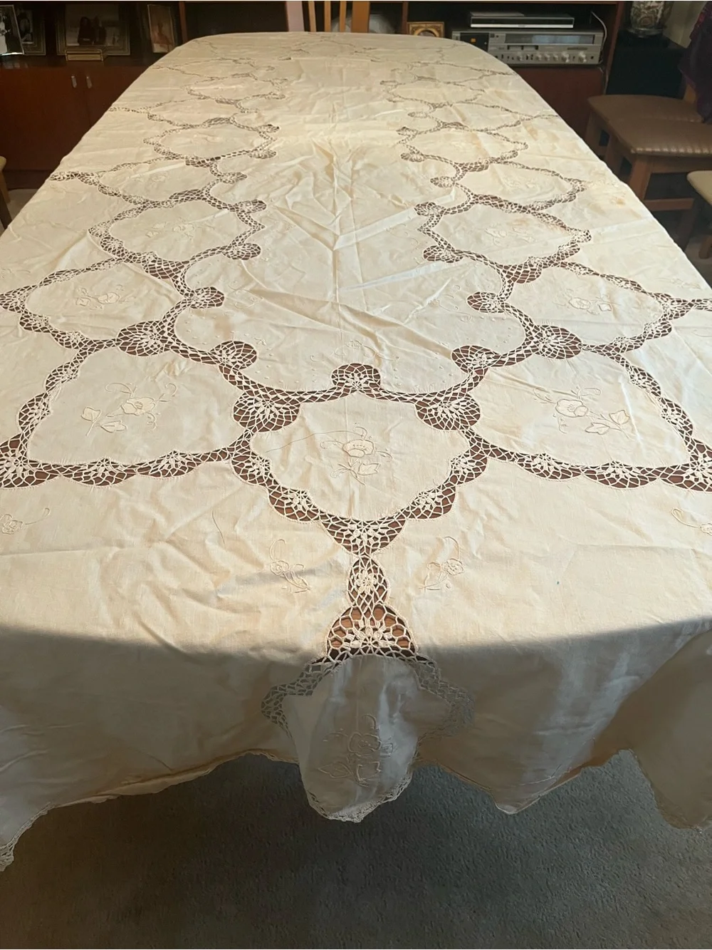 Vintage Italian Cotton Embroidered Crochet Beige Tablecloth 63” x120”